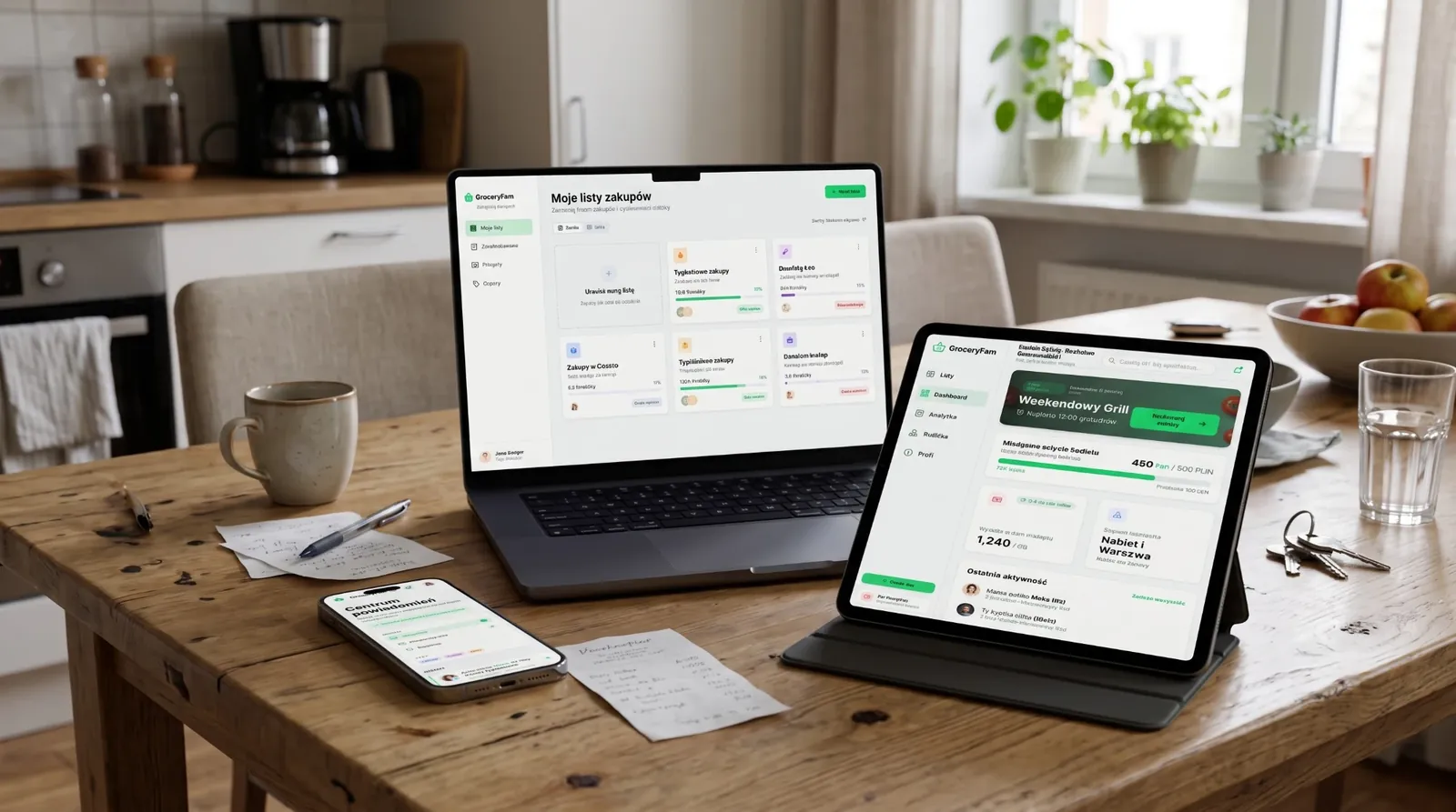 GroceryFam na laptopie, tablecie i telefonie: listy zakupów, budżet rodziny i powiadomienia