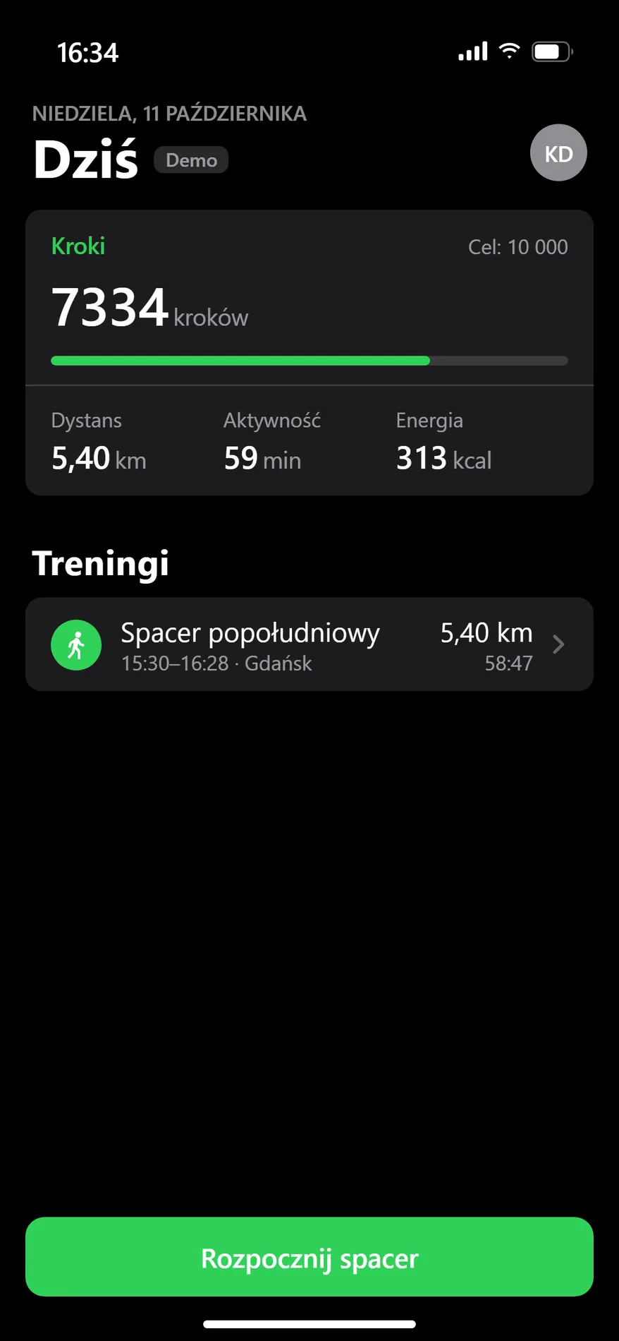 Ekran Dziś w aplikacji Krokomierz: 7334 kroki, dystans, czas aktywności i kalorie