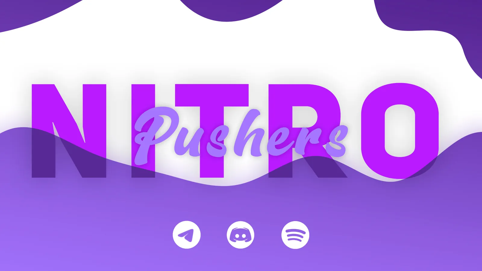 Baner marki Nitro Pushers z ikonami Telegram, Discord i Spotify