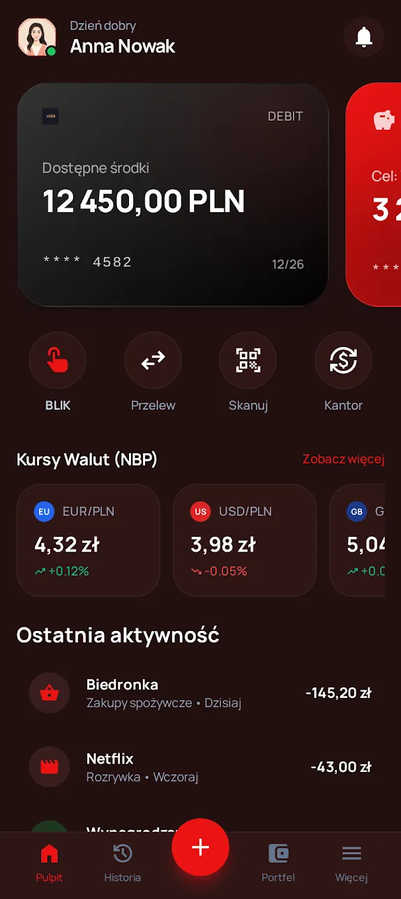 Pulpit aplikacji PolBank: saldo konta, karta, kursy walut NBP i ostatnia aktywność